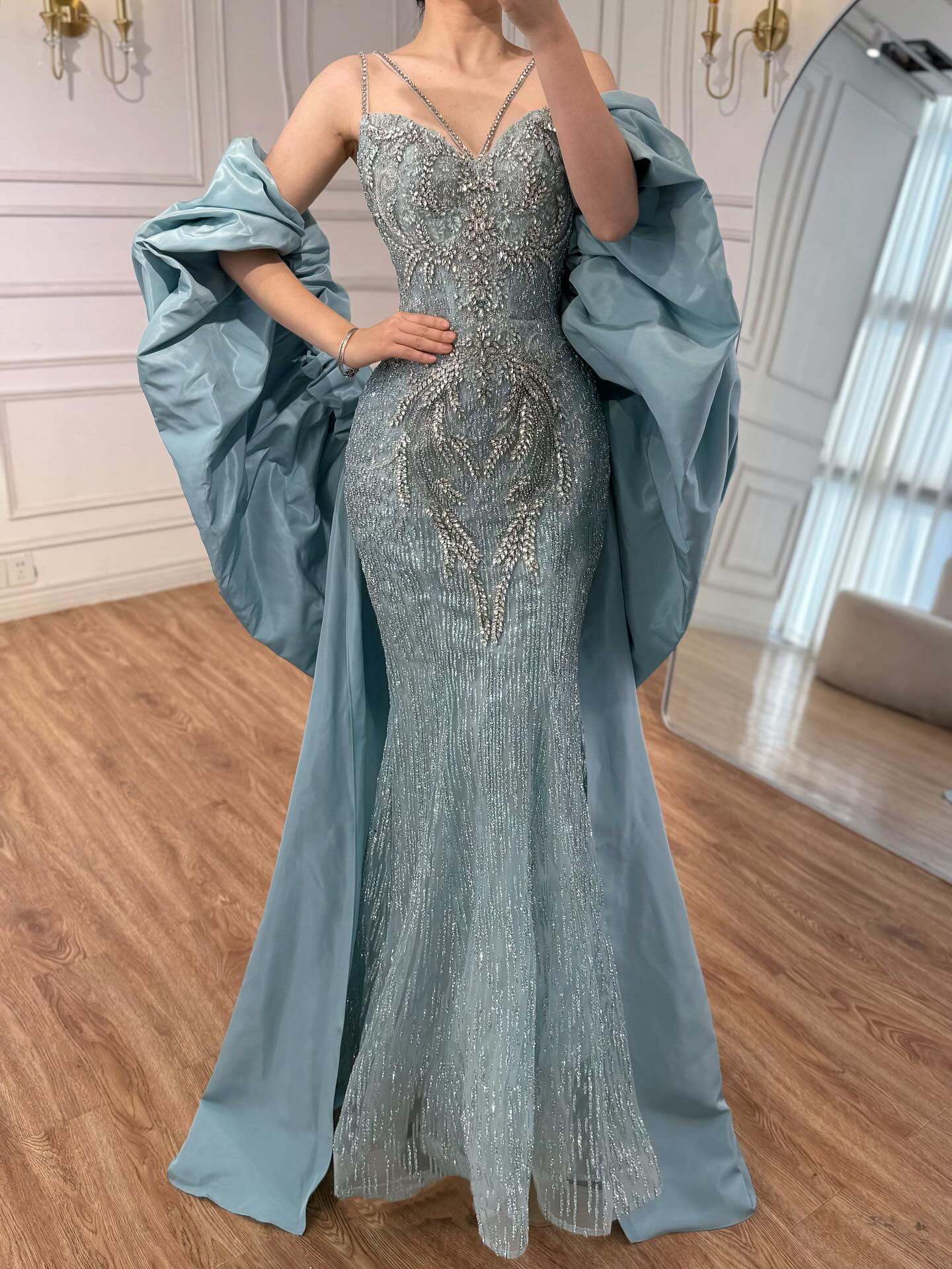Luxury Turquoise Beaded Mermaid Evening Dress With Cape LA73582 - SERENE  HILL