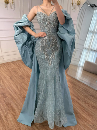 Luxury Turquoise Beaded Mermaid Evening Dress With Cape LA73582 - SERENE  HILL