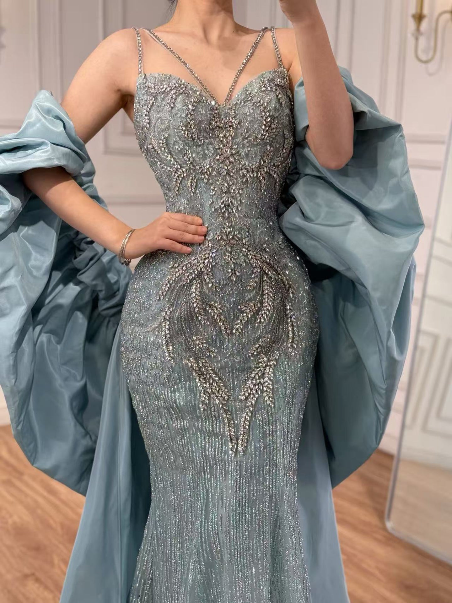 Luxury Turquoise Beaded Mermaid Evening Dress With Cape LA73582