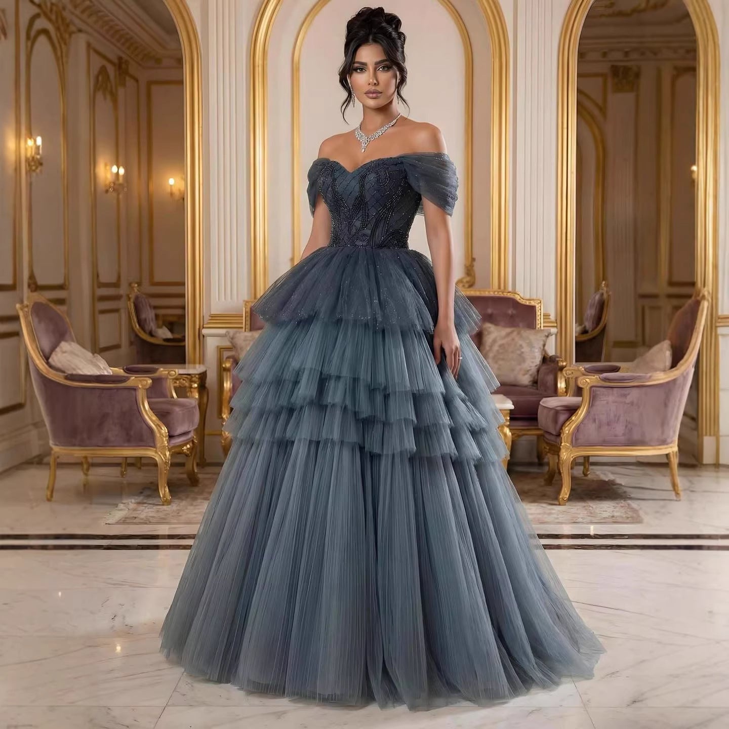 Luxury Blue Beaded Off Shoulder Tiered Tulle Evening Dress LA73583 Blue / 4