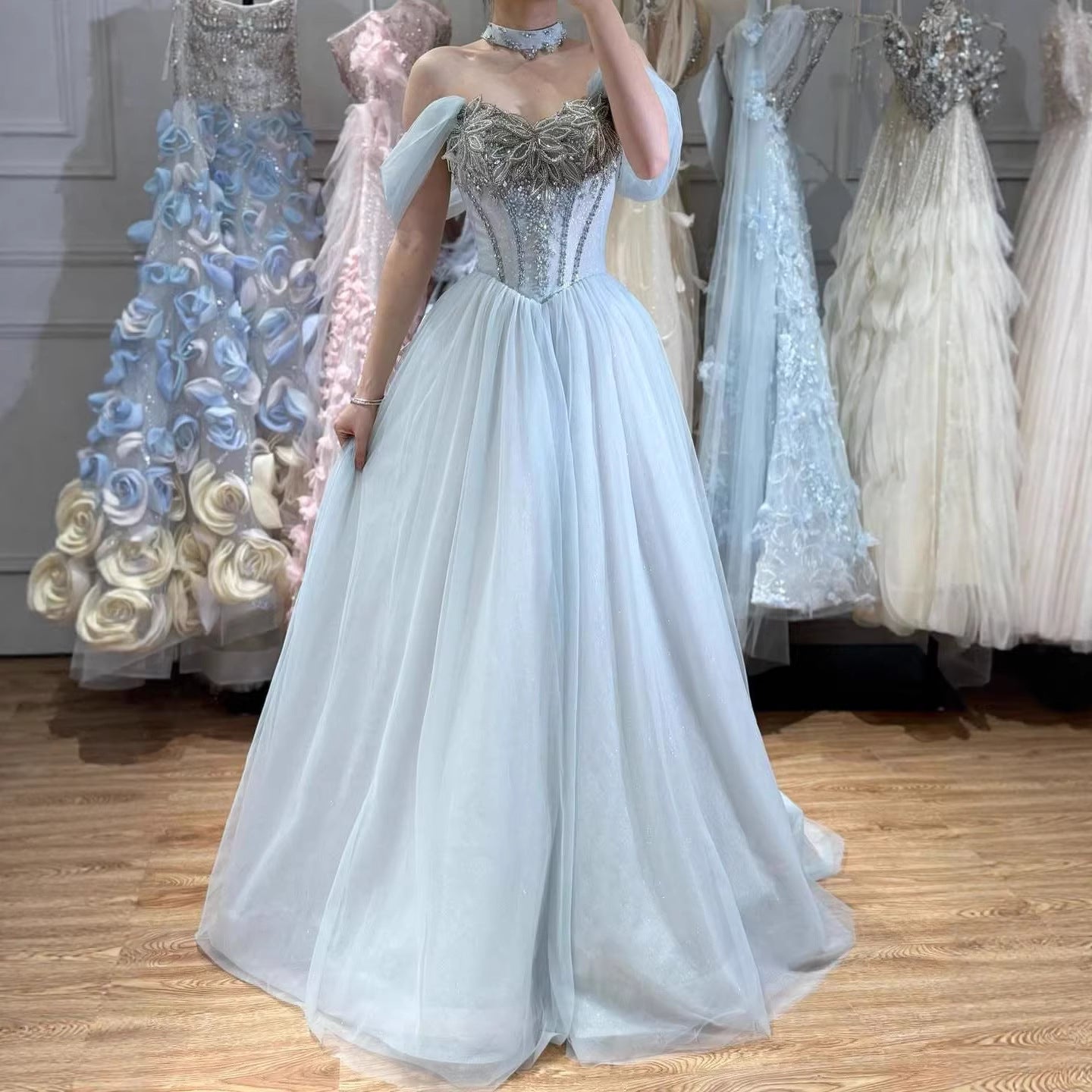 Luxury Blue A Line Beaded Evening Dress For Formal Occasion LA73584 - SERENE  HILL