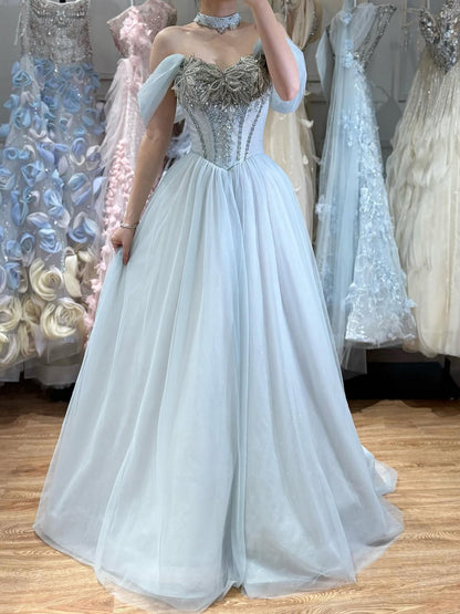 Luxury Blue A Line Beaded Evening Dress For Formal Occasion LA73584 - SERENE  HILL