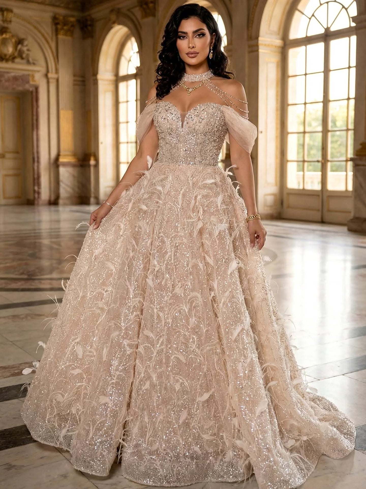 Luxury Pink Off The Shoulder 3D Flower Beaded Ball Gown LA73585 - SERENE  HILL