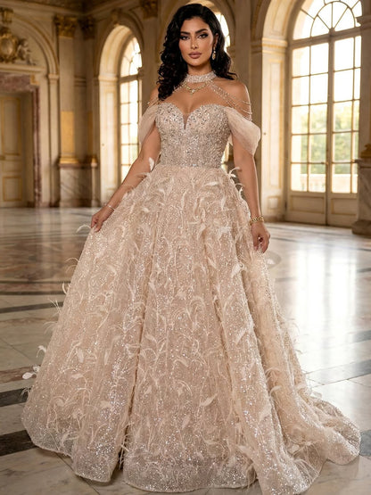 Luxury Pink Off The Shoulder 3D Flower Beaded Ball Gown LA73585 - SERENE  HILL