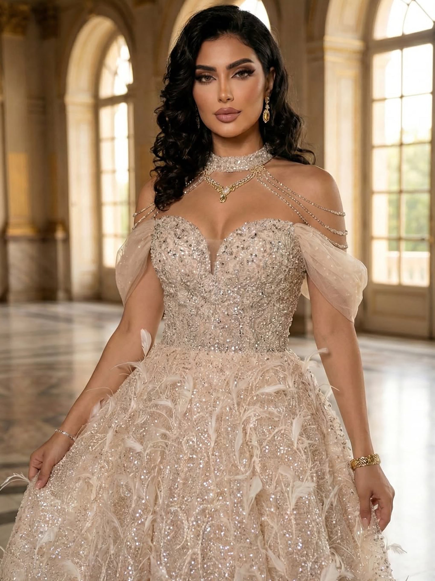 Luxury Pink Off The Shoulder 3D Flower Beaded Ball Gown LA73585 - SERENE  HILL