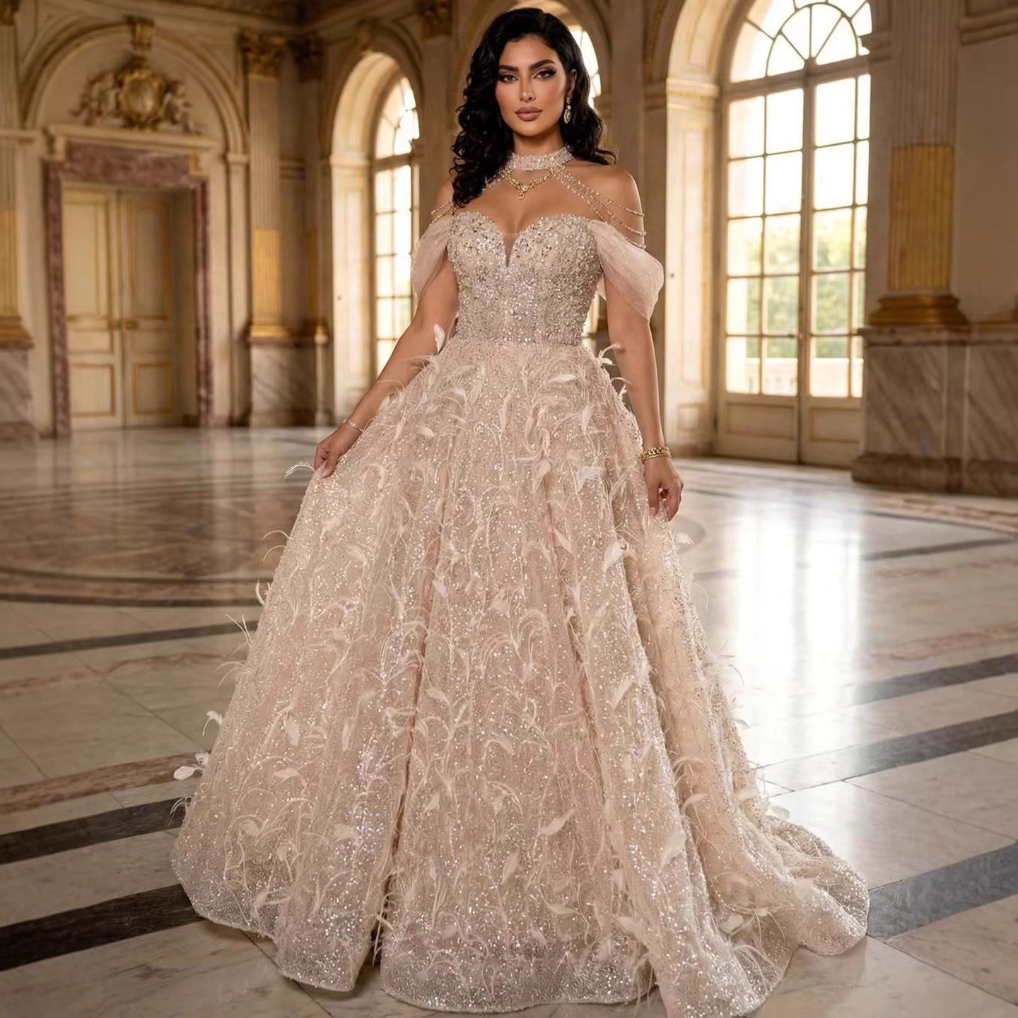 Luxury Pink Off The Shoulder 3D Flower Beaded Ball Gown LA73585 - SERENE  HILL