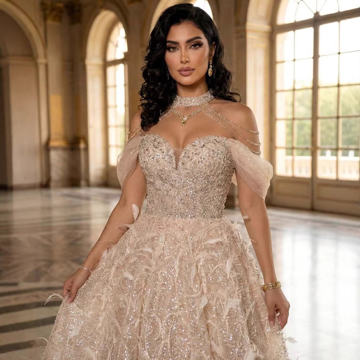 Luxury Pink Off The Shoulder 3D Flower Beaded Ball Gown LA73585 - SERENE  HILL
