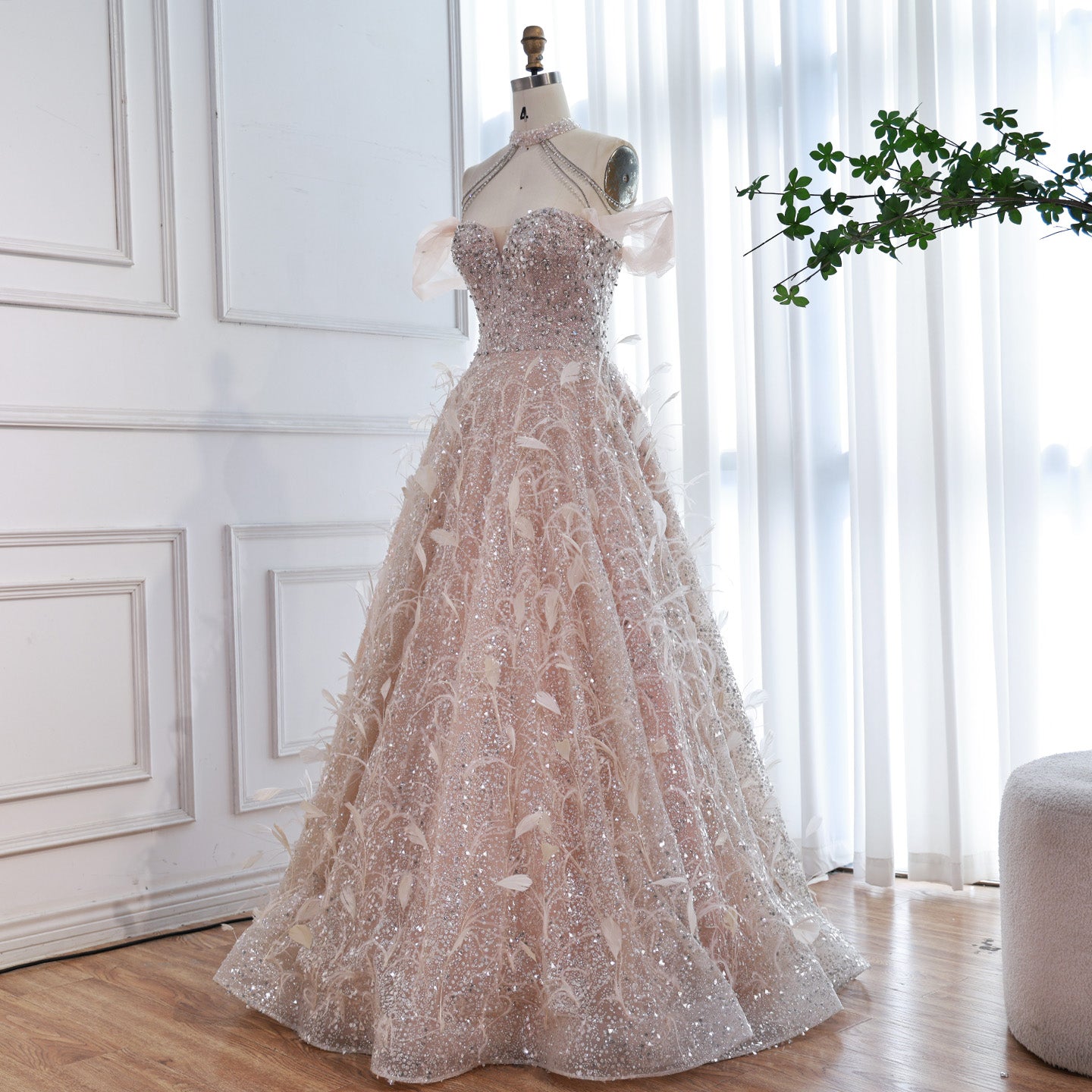 Luxury Pink Off The Shoulder 3D Flower Beaded Ball Gown LA73585 - SERENE  HILL