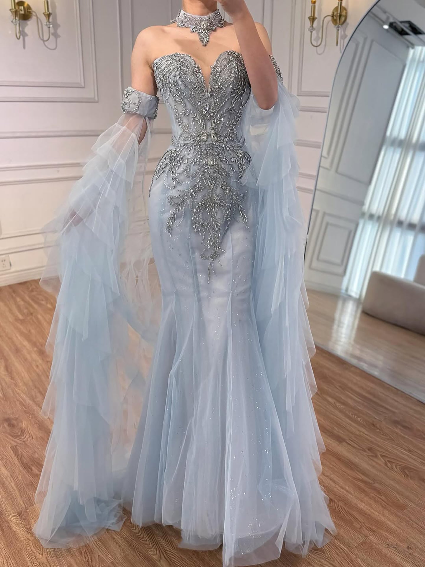 Luxury Blue Shoulder Long Sheer Sleeves Beaded Mermaid Evening Dress LA73509 - SERENE  HILL