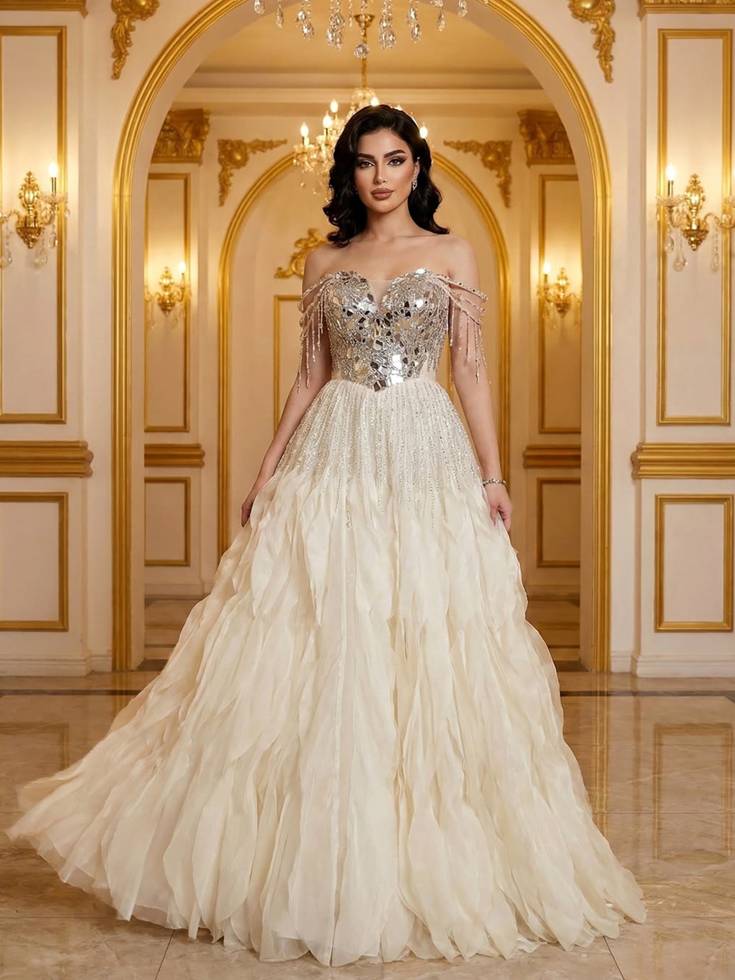 Luxury Beige Beaded Off Shoulder Ball Gown Evening Dress LA73587 Beige / 8