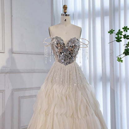Luxury Beige Beaded Off Shoulder Ball Gown Evening Dress LA73587