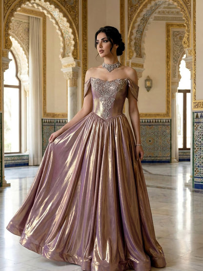 Luxury Purple Gold Crystal Beaded A Line Evening Dress LA73588 - SERENE  HILL