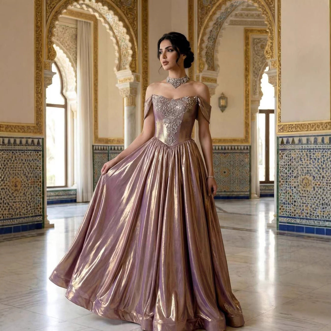Luxury Purple Gold Crystal Beaded A Line Evening Dress LA73588 - SERENE  HILL
