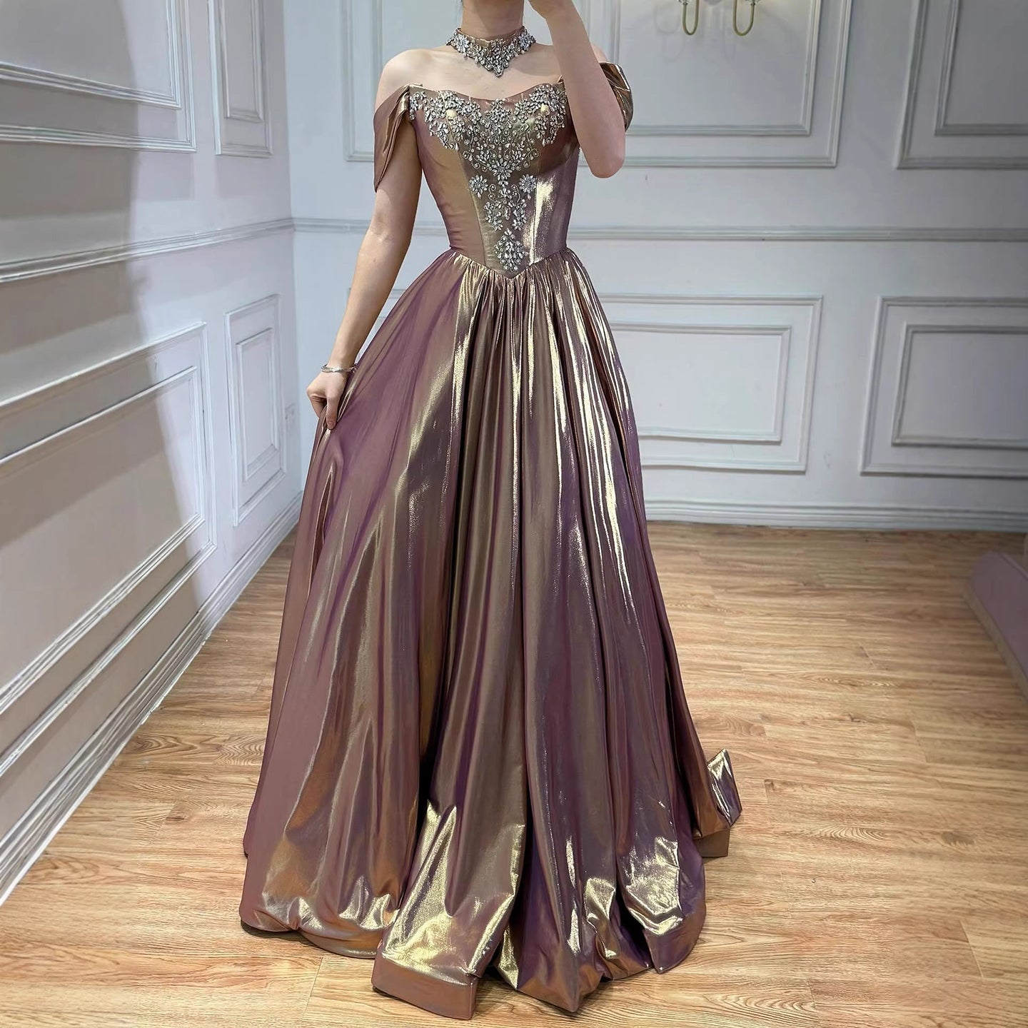 Luxury Purple Gold Crystal Beaded A Line Evening Dress LA73588 - SERENE  HILL