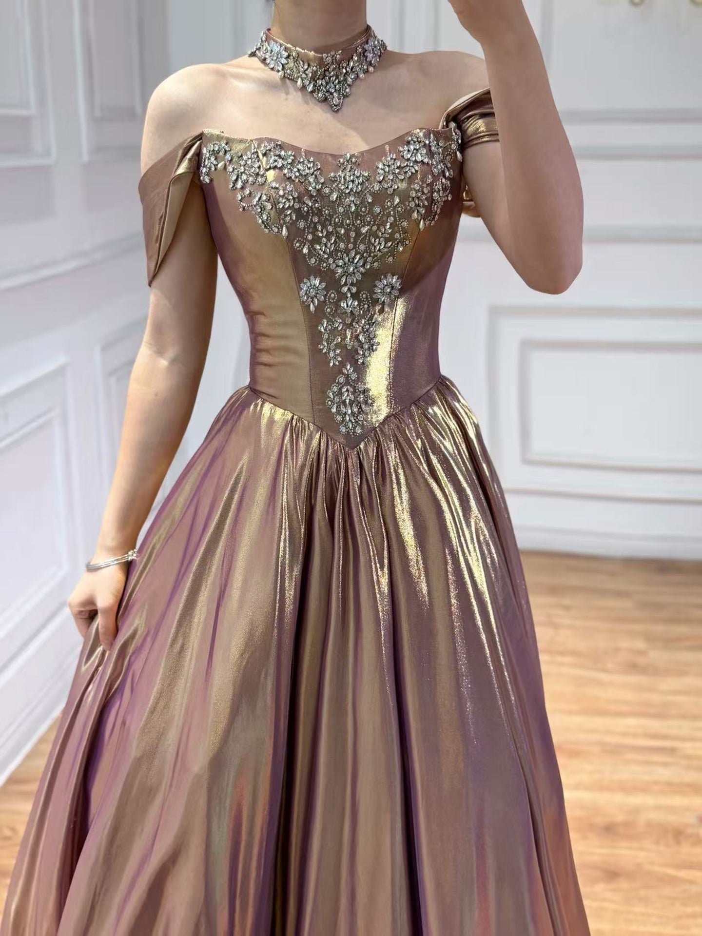 Luxury Purple Gold Crystal Beaded A Line Evening Dress LA73588