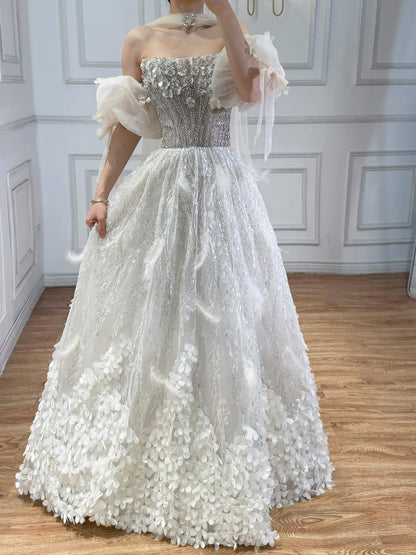 Luxury Beige Strapless Beaded Corset 3D Floral Ball Gown LA73589