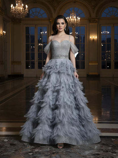 Luxury Gray A Line Evening Dress with Feather Beaded Straps LA73590