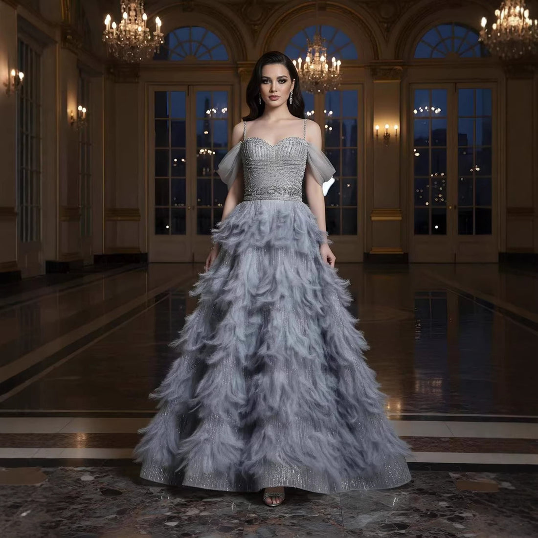 Luxury Gray A Line Evening Dress with Feather Beaded Straps LA73590