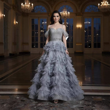Luxury Gray A Line Evening Dress with Feather Beaded Straps LA73590