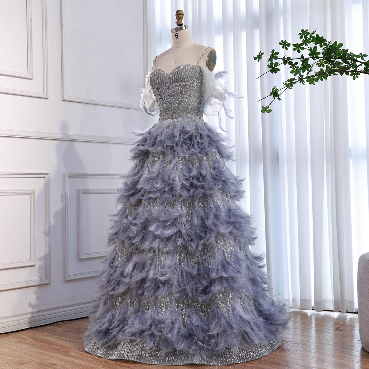 luxury feather dress Luxury Gray A Line Evening Dress with Feather Beaded Straps LA73590 Gray / 8