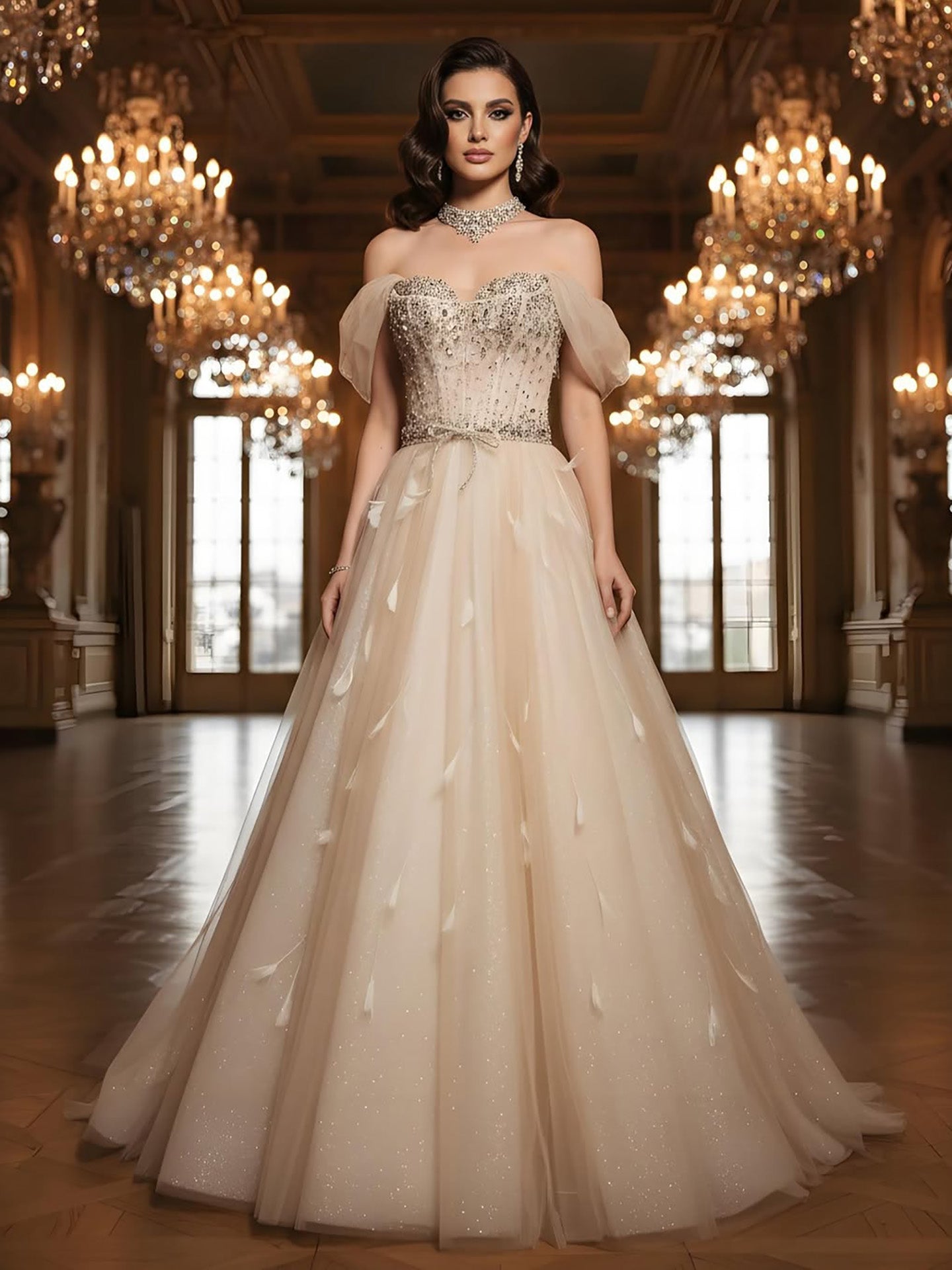 Luxury Champagne Crystal Beaded Feather A Line Evening Dress LA73591 - SERENE  HILL