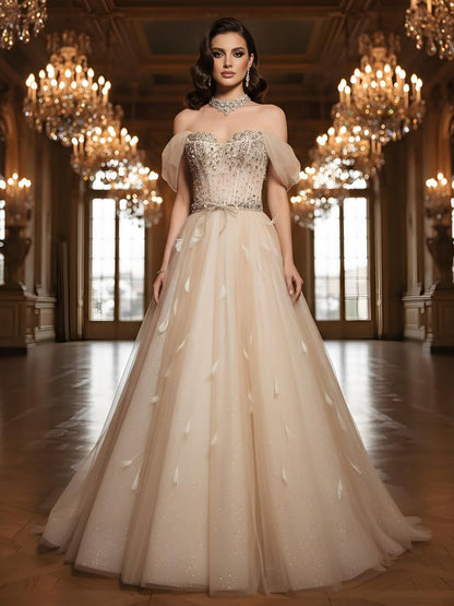 Luxury Champagne Crystal Beaded Feather A Line Evening Dress LA73591 - SERENE  HILL