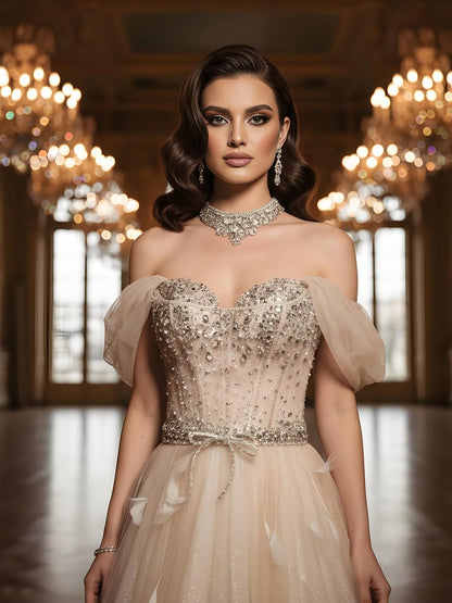 Luxury Champagne Crystal Beaded Feather A Line Evening Dress LA73591 - SERENE  HILL