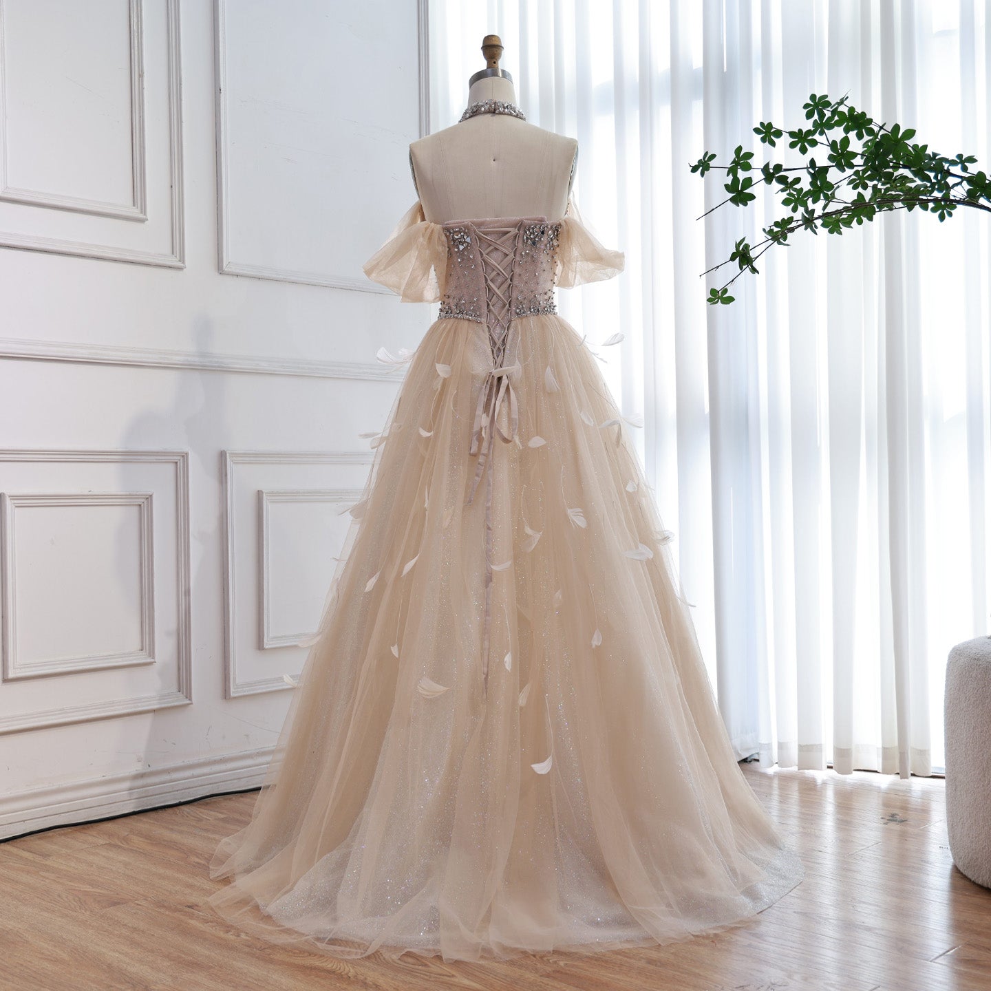 Luxury Champagne Crystal Beaded Feather A Line Evening Dress LA73591 - SERENE  HILL