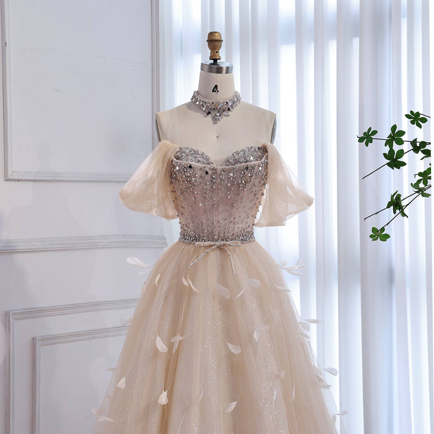 Luxury Champagne Crystal Beaded Feather A Line Evening Dress LA73591 - SERENE  HILL