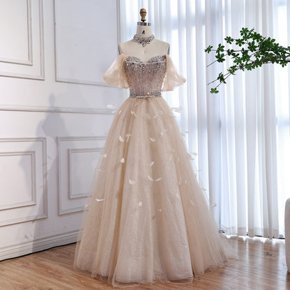 Luxury Champagne Crystal Beaded Feather A Line Evening Dress LA73591 - SERENE  HILL