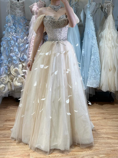 Luxury Champagne Crystal Beaded Feather A Line Evening Dress LA73591 - SERENE  HILL