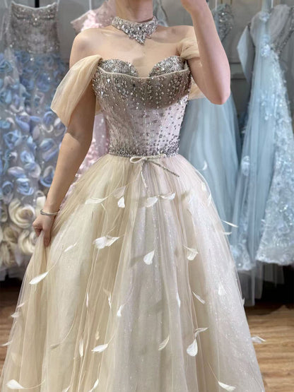 Luxury Champagne Crystal Beaded Feather A Line Evening Dress LA73591 - SERENE  HILL