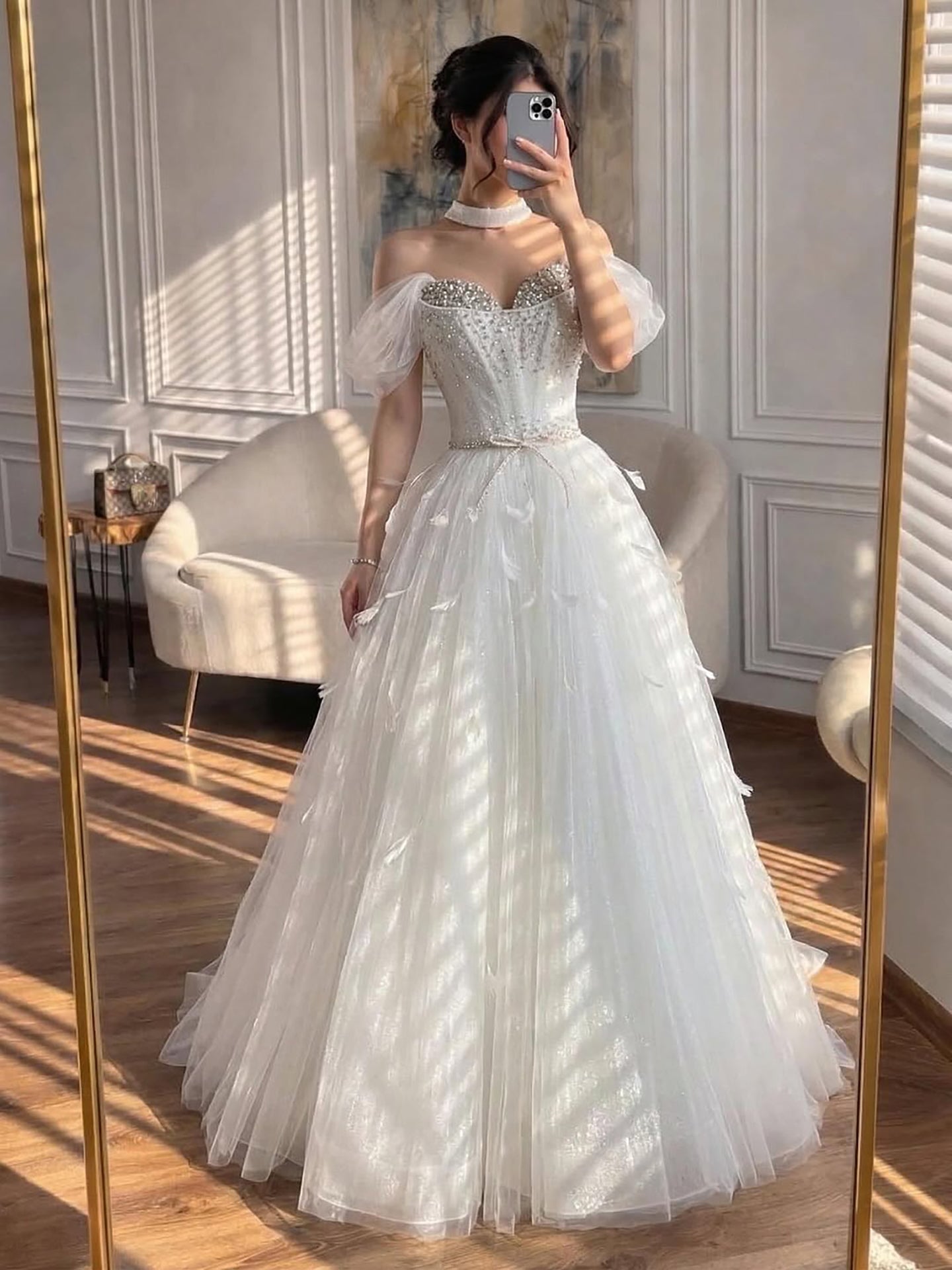 Luxury White Crystal Beaded Feather A-Line Evening Dress LA73591A - SERENE  HILL