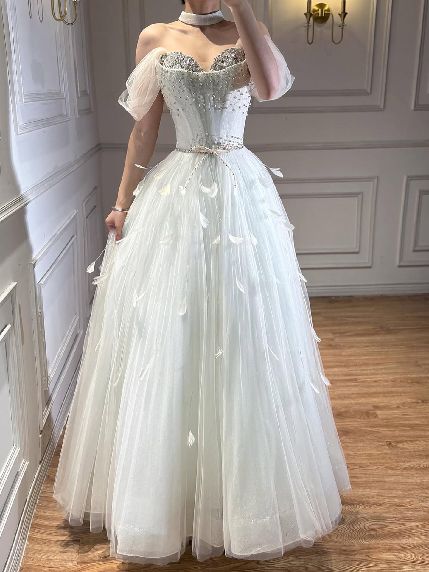 Luxury White Crystal Beaded Feather A-Line Evening Dress LA73591A - SERENE  HILL