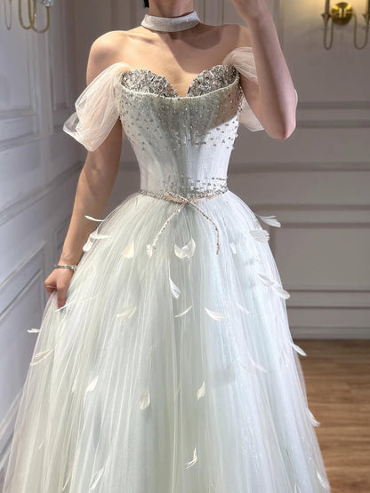 Luxury White Crystal Beaded Feather A-Line Evening Dress LA73591A - SERENE  HILL