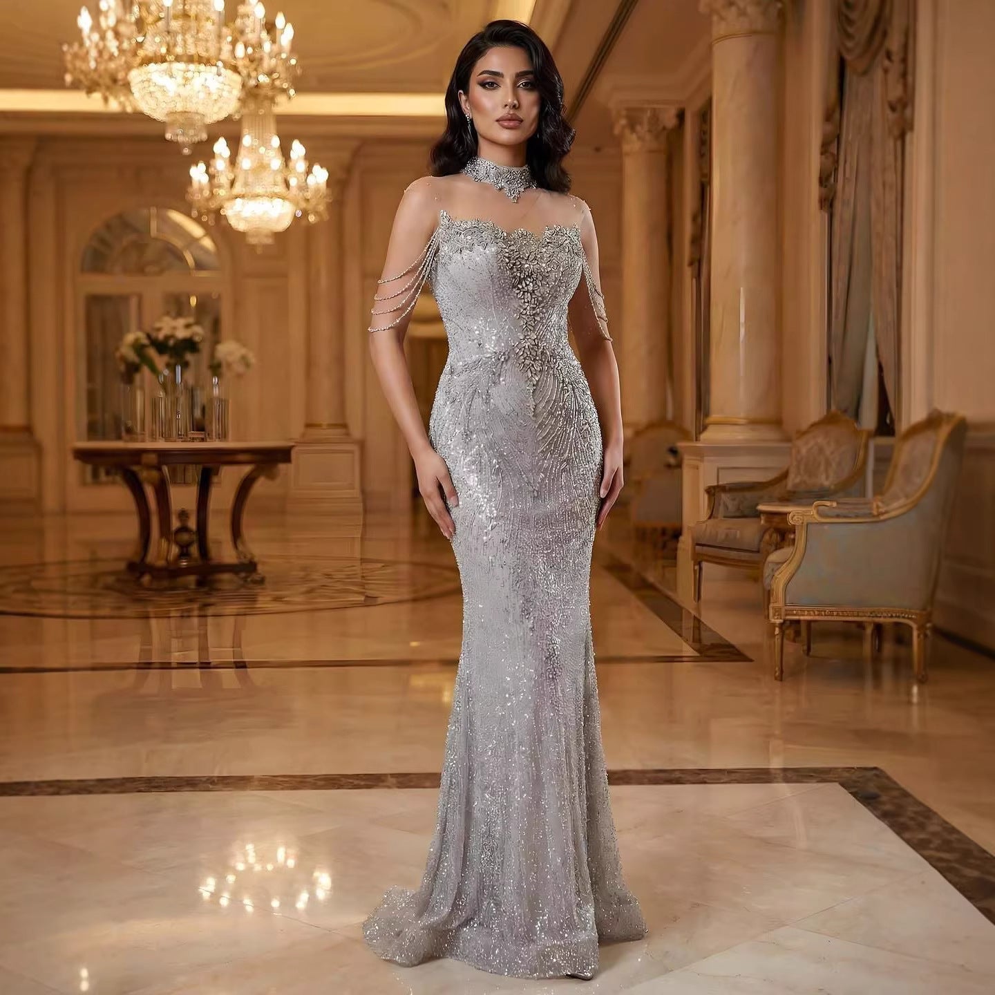 Luxury Gray Crystal Beaded Mermaid Evening Dress LA73592 - SERENE  HILL