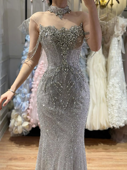 Luxury Gray Crystal Beaded Mermaid Evening Dress LA73592 - SERENE  HILL
