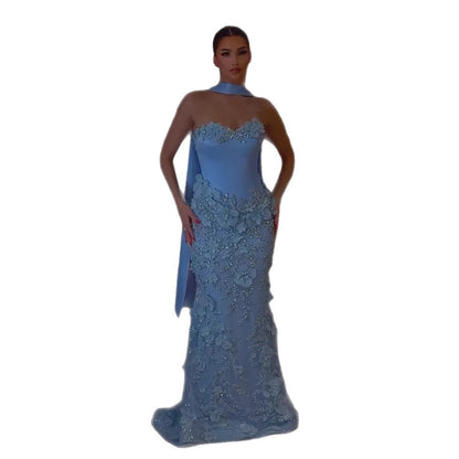 Luxury Blue 3D Flower Beaded Mermaid Evening Dress With Cape LA73593 - SERENE  HILL