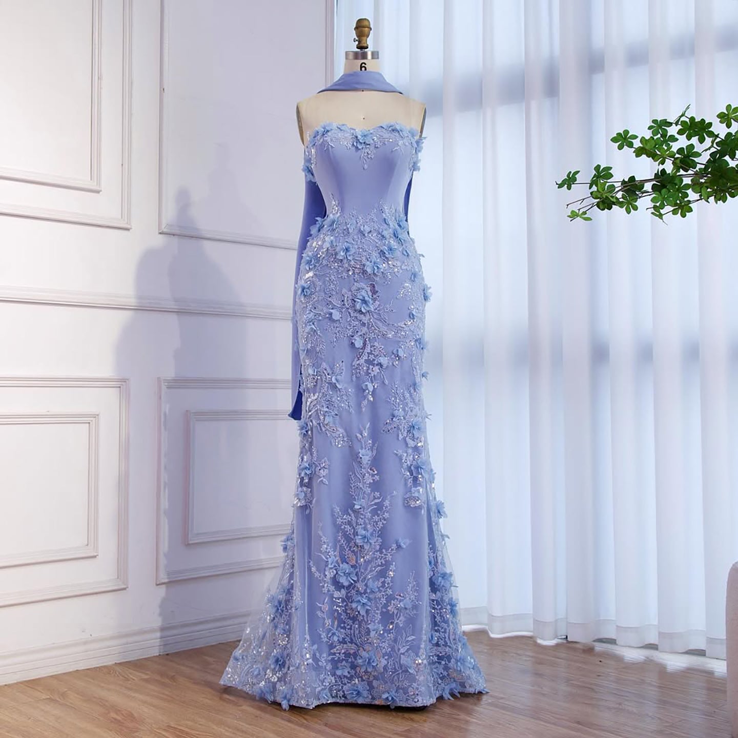 Luxury Blue 3D Flower Beaded Mermaid Evening Dress With Cape LA73593
