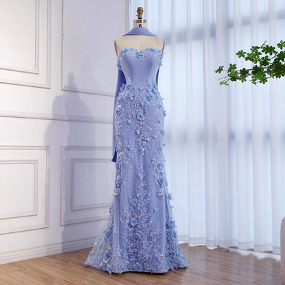 Luxury Blue 3D Flower Beaded Mermaid Evening Dress With Cape LA73593