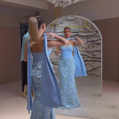Luxury Blue 3D Flower Beaded Mermaid Evening Dress With Cape LA73593 - SERENE  HILL