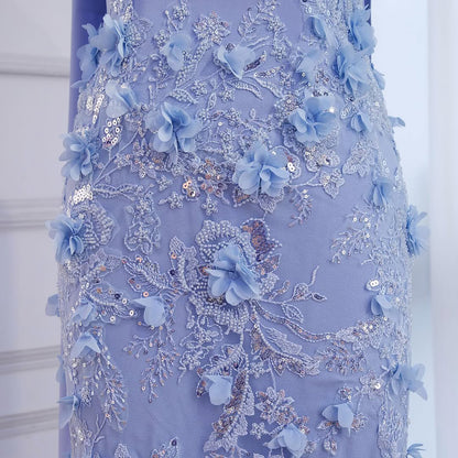Luxury Blue 3D Flower Beaded Mermaid Evening Dress With Cape LA73593