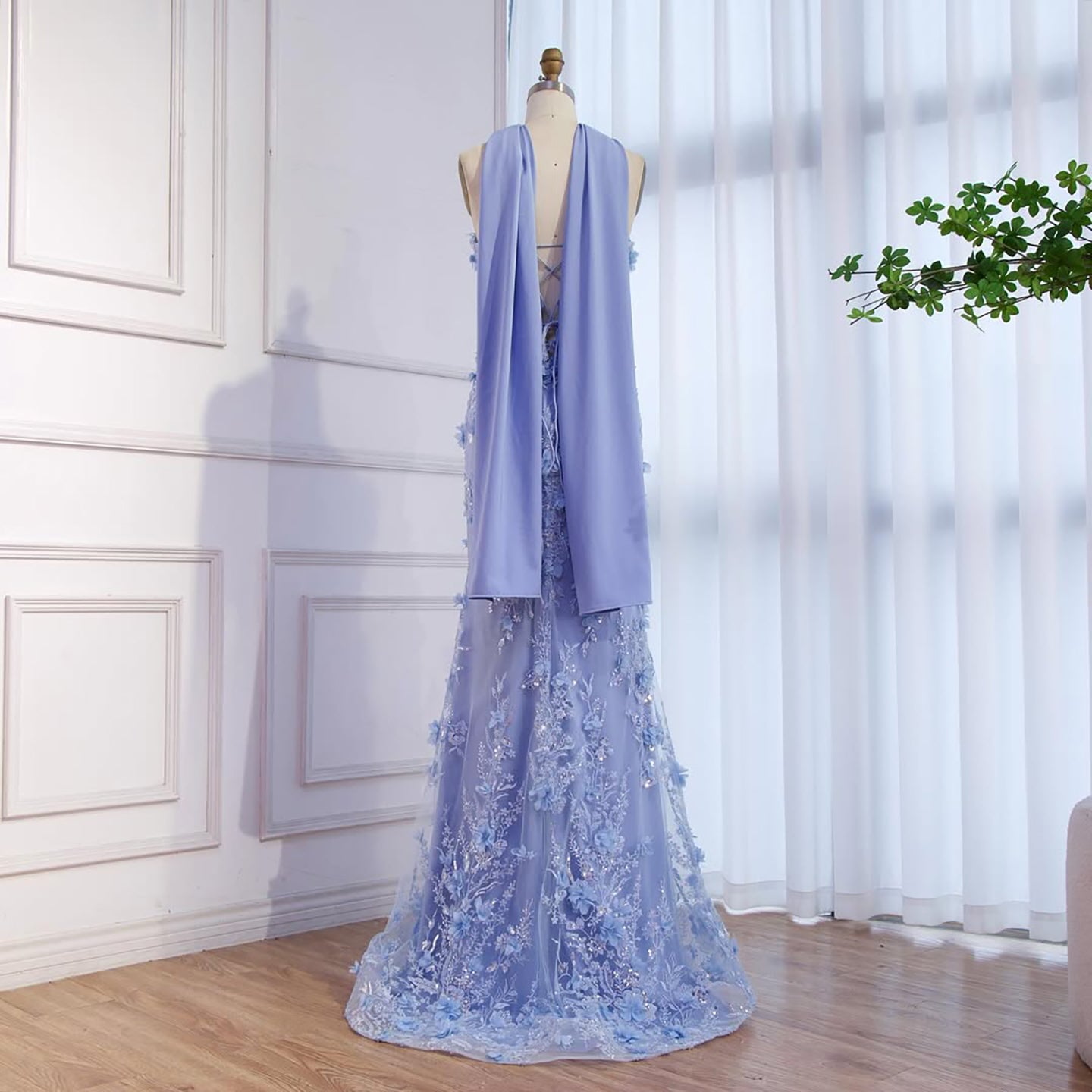 Luxury Blue 3D Flower Beaded Mermaid Evening Dress With Cape LA73593