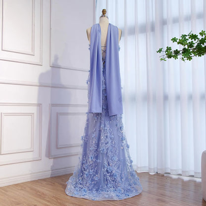 Luxury Blue 3D Flower Beaded Mermaid Evening Dress With Cape LA73593