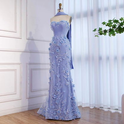 Luxury Blue 3D Flower Beaded Mermaid Evening Dress With Cape LA73593