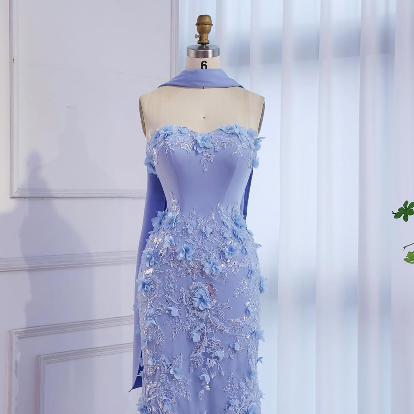 Luxury Blue 3D Flower Beaded Mermaid Evening Dress With Cape LA73593