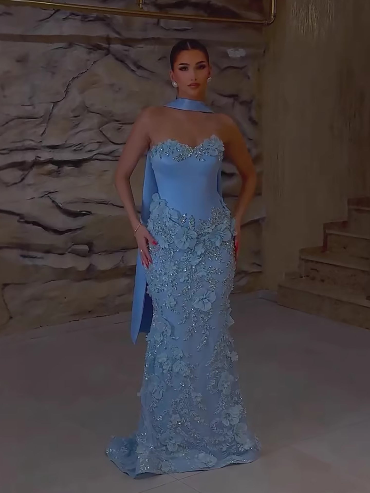 Luxury Blue 3D Flower Beaded Mermaid Evening Dress With Cape LA73593 - SERENE  HILL