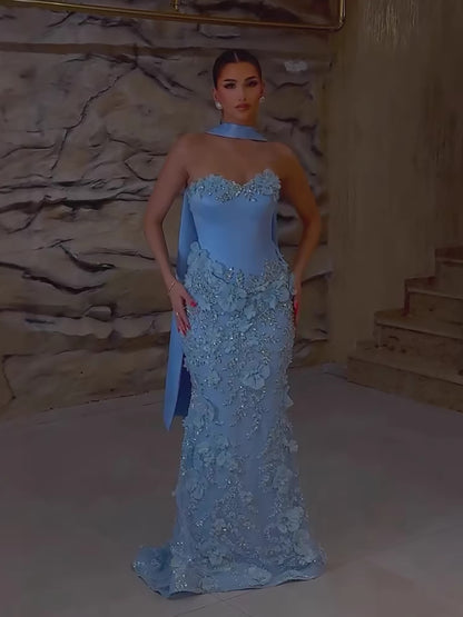 Luxury Blue 3D Flower Beaded Mermaid Evening Dress With Cape LA73593 - SERENE  HILL