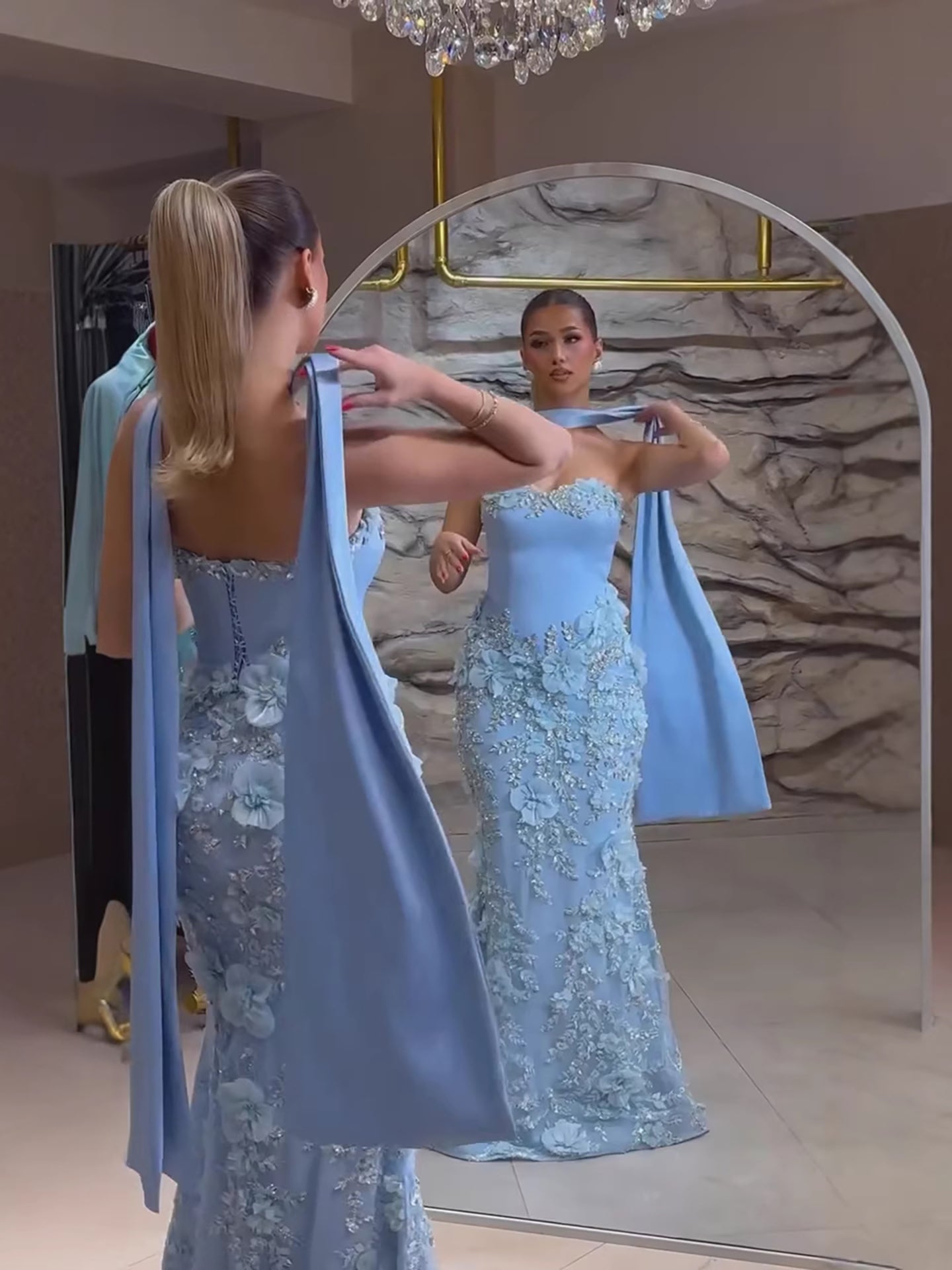 Luxury Blue 3D Flower Beaded Mermaid Evening Dress With Cape LA73593 - SERENE  HILL