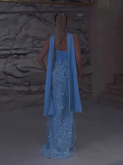 Luxury Blue 3D Flower Beaded Mermaid Evening Dress With Cape LA73593 - SERENE  HILL